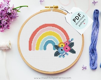 Rainbow Cross Stitch Pattern, floral rainbow Needlepoint Pattern, Counted Cross Stitch PDF, Modern Embroidery, girls cross stitch, Rainbow