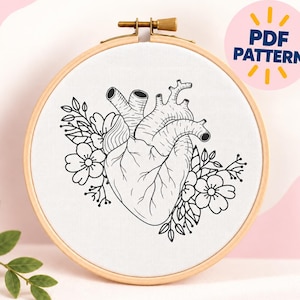 Anatomical Heart & Flowers Embroidery Pattern, wall decor (Digital PDF)