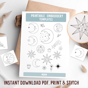 Moon Embroidery pattern, DIY embroidery, printable stick and stitch, handmade gifts, embroidery template, stars, moon, hand embroidery pdf