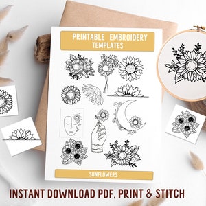 Sunflowers printable Stick & Stitch, DIY Embroidery Patterns for Clothes, Stick on Themed Patterns, trendy embroidery pack for clothes