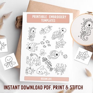 Ocean life Embroidery, DIY embroidery, printable stick and stitch, handmade gifts, embroidery template, embroidery template DIY embroidery