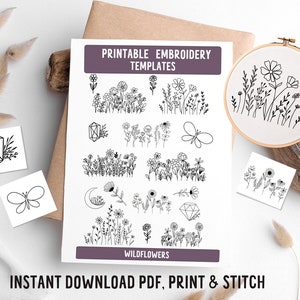 Wildflowers Embroidery, DIY embroidery, printable stick and stitch, handmade gifts, embroidery template, embroidery patterns, embroidery pdf image 1