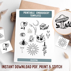 Boho Mystic Stick and stitch embroidery designs, PDF embroidery patterns, designs for embroidery, hand embroidery, celestial, boho, moon