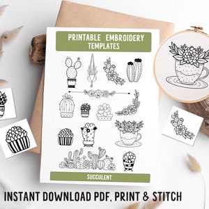 Puede incluir: Plantillas de bordado imprimibles con varios diseños de suculentas, incluyendo plantas en maceta, una suculenta en una taza de té y un arreglo de suculentas. El texto "Printable Embroidery Templates" y "Succulent" es visible en la página. El texto "Instant Download PDF, Print & Stitch" está en la parte inferior de la página.