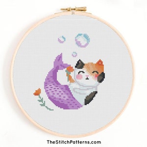 Mermaid Cross Stitch Pattern, cat mermaid Cross Stitch Pattern, girls Pattern, Modern Cross Stitch Pattern, Download PDF, nursery mermaid