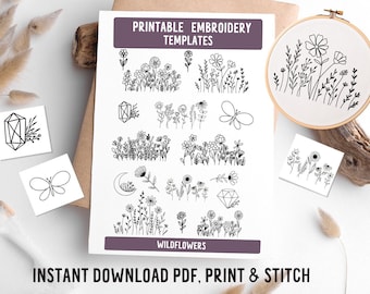 Wildflowers Embroidery, DIY embroidery, printable stick and stitch, handmade gifts, embroidery template, embroidery patterns, embroidery pdf