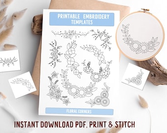 Floral corners print and stitch embroidery template, border print and stick, botanical stitching,embroidery for clothes, creative embroidery
