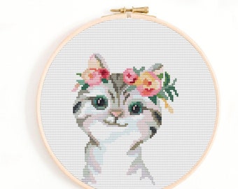 Katze mit Blumen Kreuzstich-Muster: Moderne Stickerei (PDF-Muster)