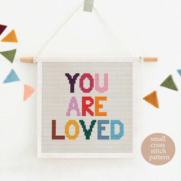 Cross stitch pattern nursery,  quote cross stitch, DIY kids banner,  You are loved cross stitch pattern, nursery decor, rainbow cross stitch