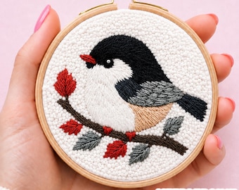 Chickadee Bird Punch Needle Pattern: Modern Mug Rug, craft therapy (PDF Pattern)