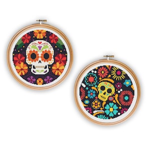 Lot de 2 modèles de point de croix, motif point de croix jour des morts, motif tête de mort en sucre, motif de broderie, motif point de croix compté