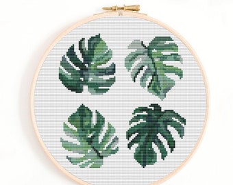 Monstera Leaf Cross Stitch Pattern: Modern Botanical Chart (PDF)