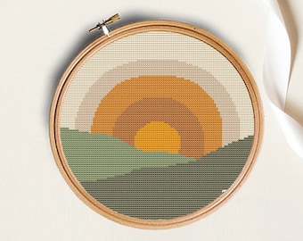 Boho Sunset Landscape Cross Stitch Pattern, Abstract Embroidery (PDF Pattern)
