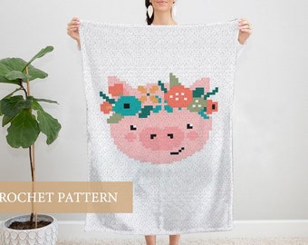 Patrón de manta de cerdo de crochet C2C: Corona de flores (patrón PDF)