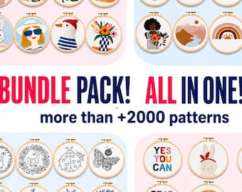 Könnte beinhalten: Eine Sammlung von Stickrahmen mit verschiedenen Motiven wie Pflanzen, Tieren, Landschaften und Text. Der Text BUNDLE PACK! ALL IN ONE! more than +2000 patterns ist in der Mitte zu sehen. Die Rahmen enthalten farbige sowie schwarz-weiße Stickmuster.