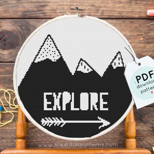 Mountain explore modern cross stitch pattern, easy counted cross stitch chart, nature, nursery embroidery, boys stitch DIY, digital pattern