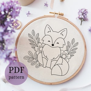 Fox Embroidery Pattern Fox and Flower, Hand Embroidery Pattern, Woodland Embroidery, Wreath Embroidery PDF, Fox Hoop Art Fox Hand Embroidery