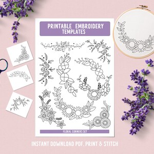May include: Printable embroidery templates with floral corner designs. The designs include various flowers and leaves, ideal for hand embroidery projects. The image also includes a pair of scissors, embroidery hoop, and sprigs of lavender.
