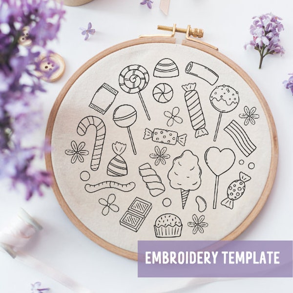 Candy Embroidery motif, Tiny Sweets and Desserts Embroidery color printed Sampler, Food Hand Embroidery Hoop Art Design, DIY Sampler