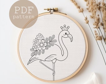 PDF pattern, Floral Flamingo, Hand embroidery pattern, Embroidery pattern, Beginner embroidery pattern, Bird Embroidery, Flamingo Embroidery