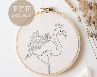 Floral Flamingo Hand Embroidery Pattern: Beginner friendly (PDF Pattern)