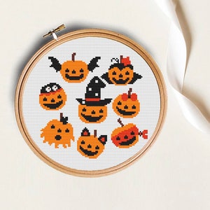 Halloween cross stitch pattern, Trick or treat cross stitch, Set of 4 cross stitch, pumpkin chart, Instant download PDF, halloween decor image 4