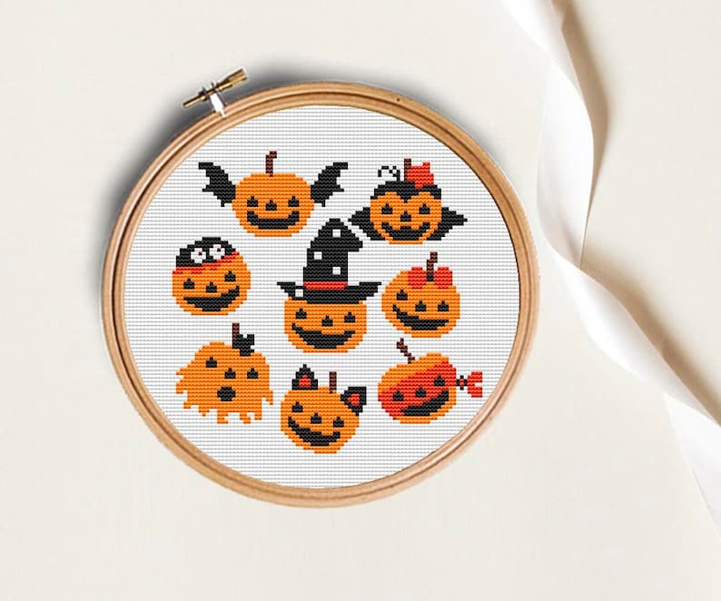Halloween cross stitch pattern, Trick or treat cross stitch, Set of 4 cross stitch, pumpkin chart, Instant download PDF, halloween decor image 4