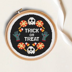 Halloween cross stitch pattern, Trick or treat cross stitch, Set of 4 cross stitch, pumpkin chart, Instant download PDF, halloween decor image 3