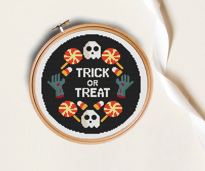 Halloween cross stitch pattern, Trick or treat cross stitch, Set of 4 cross stitch, pumpkin chart, Instant download PDF, halloween decor image 3