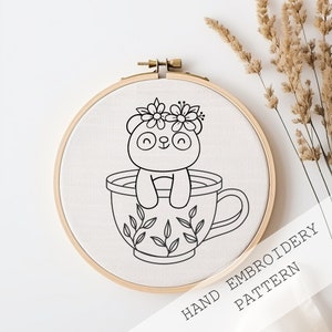 Tea Set Hand Embroidery Template, Cozy Embroidery, DIY Hoop Art, Embroidery Pattern, Cute panda embroidery, kids room decor, DIY embroidery