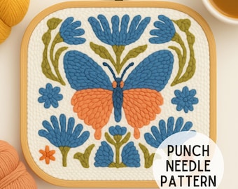 Butterfly Punch Needle Pattern: Modern Floral Yarn Art (PDF Download, 8x8 inches)