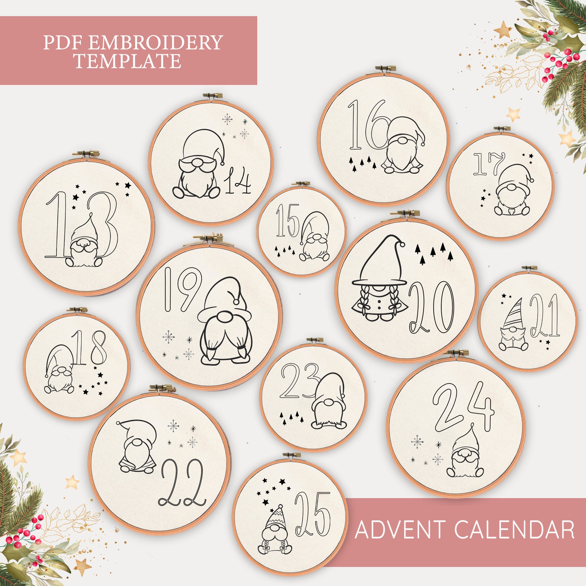 Christmas Gnome Advent Calendar Hand Embroidery Pattern, Home Decor ...