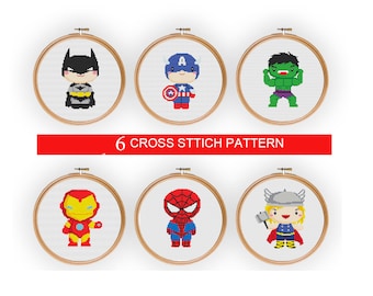 Set of 6 superheroes cross stitch, Cross stitch for kids, Cross Stitch Pattern pdf hero patterns, super hero chart, Embroidery pattern,