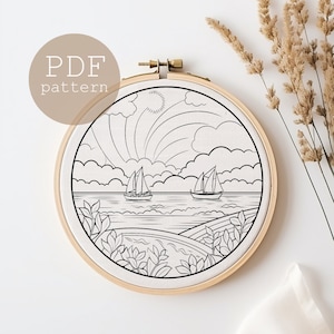 PDF Pattern Template ONLY, Beginners Landscape Embroidery Pattern, Hand Embroidery pdf, DIY Embroidery, Modern Embroidery, boat embroidery