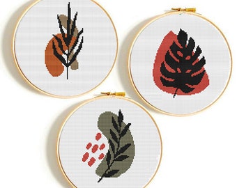 Set of 3 Plants Modern Cross Stitch Pattern, Pattern, Embroidery Hoops, botanical, terracotta stitch, modern hand embroidery,pdf chart