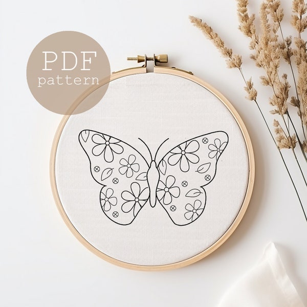 Butterfly Hand Embroidery Pattern, DIY floral butterfly Embroidery, Insect Hand Embroidery Pattern, PDF Digital Download, Beginner friendly