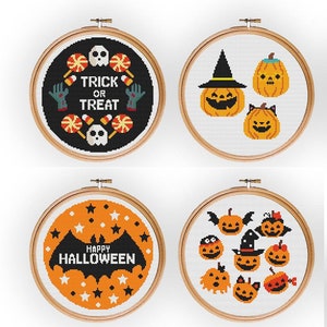 Halloween cross stitch pattern, Trick or treat cross stitch, Set of 4 cross stitch, pumpkin chart, Instant download PDF, halloween decor image 1