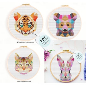 SET VAN 4 dieren kruissteek, afdrukbaar pdf-patroon, kruissteekdiagram, kruissteekdieren, digitale, moderne kruissteek, getelde grafiek