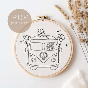 Hippie Van Hand Embroidery Pattern, Camper Van Embroidery Template, Digital Template, Instant Download, floral retro cars hand embroidery