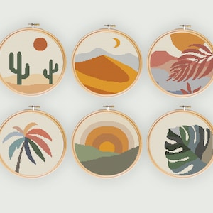 Set of 6 Landscape cross stitch pattern, Modern cross stitch pattern, cross stitch pattern, plants cross stitch pattern, Abstract landscape