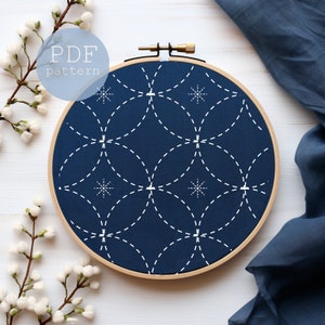 Japanskt Sashiko-broderimönster: Samplerdesign, blomsterdekor (digitalt utskrivbart)