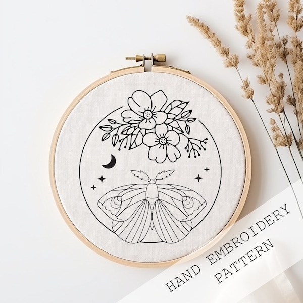 Moth Embroidery Pattern, Death Head Moth Embroidery Pattern, Insect Embroidery, Whimsical Hand Embroidery Pattern, Celestial Embroidery PDF