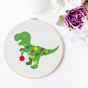Christmas T-Rex Cross Stitch Pattern,Dinosaur Christmas cross stitch pattern,Holiday Cross Stitch Pattern,Embroidery Pattern,Christmas Decor