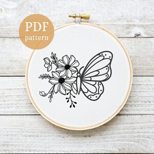 Butterfly Embroidery Pattern, Flower Hand Embroidery, Flower Hoop Art ...
