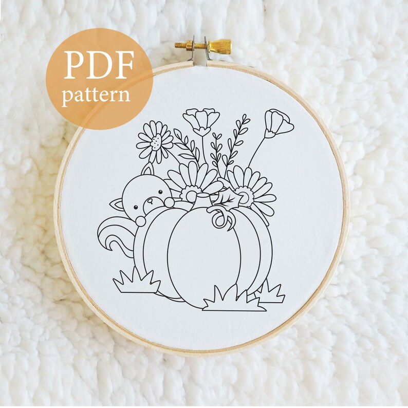 Pumpkin Floral Hand Embroidery Pattern: Autumn Woodland Design (PDF ...