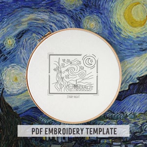 The starry night embroidery pattern, PDF embroidery pattern,embroidery template famous, embroidery trendy, art embroidery, mini masterpieces