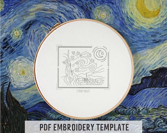 The starry night embroidery pattern, PDF embroidery pattern,embroidery template famous, embroidery trendy, art embroidery, mini masterpieces