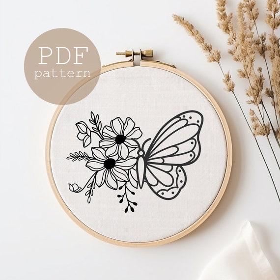 蝶と花の手刺繍パターン：初心者向けフープアート、素朴な装飾（PDF