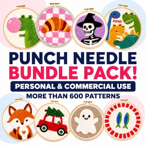 Könnte beinhalten: Ein Punch-Needle-Paket mit über 600 Mustern. Das Bild zeigt acht kreisförmige Stickrahmen mit Motiven wie einem grünen Dinosaurier mit Kaugummi, einem Croissant, einem Skelett, Dinosauriern, einem Fuchs, einem Auto, einem Geist und Fischen.