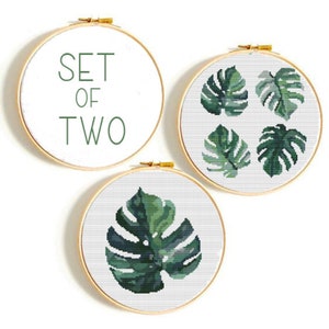 Plants Modern Cross Stitch Pattern, monstera counted cross stitch chart, leaf cross stitch,botanical embroidery, nature, hoop,  PDF Pattern